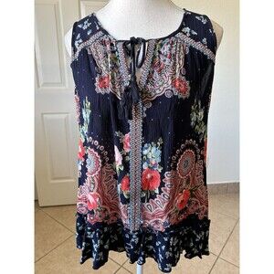 Bila Tank Top Size Small Red‎ Blue Floral Paisley Boho Peasant Ruffle Sleeveless